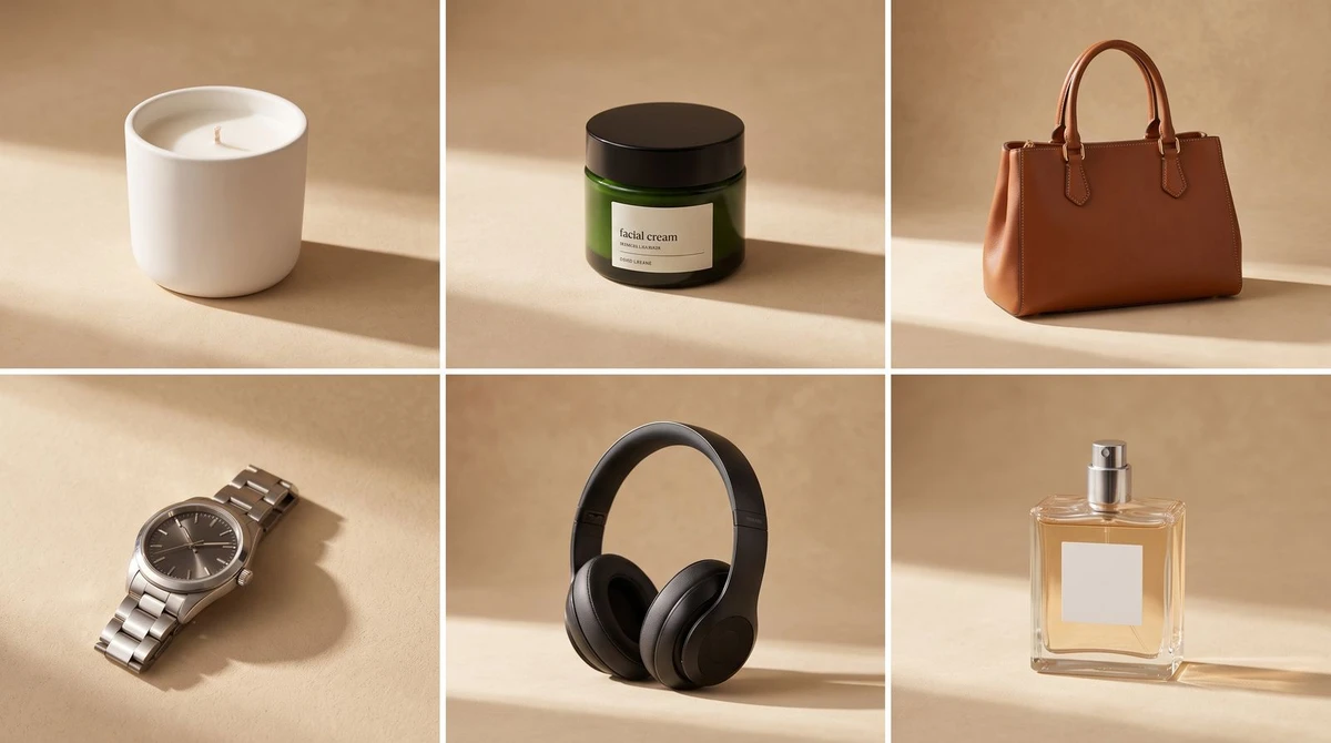 Six different products photographed in the same studio scene style, generated as one batch