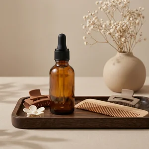 Natural hair oil on wooden tray