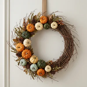 Autumn pumpkin and pinecone wreath