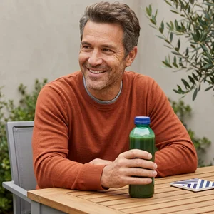 Man with juice bottle on patio