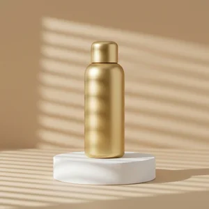Gold bottle on pedestal with shadows