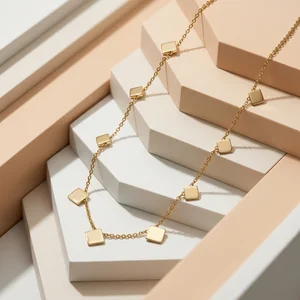 Modern gold necklace on geometric steps