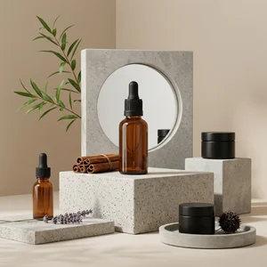 Natural skincare on stone pedestals