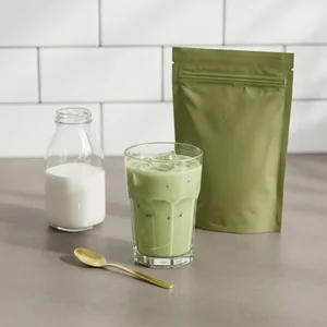 Iced matcha latte and pouch