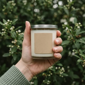 Hand holding candle in jasmine bush