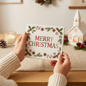 Festive Merry Christmas plaque held
