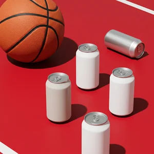 Sporty beverage cans on basketball court