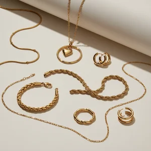 Elegant gold jewelry flat lay