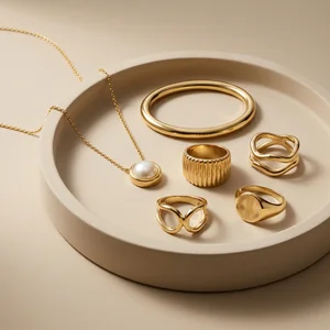 Elegant gold jewelry on stone tray