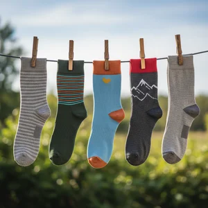 Colorful socks on clothesline
