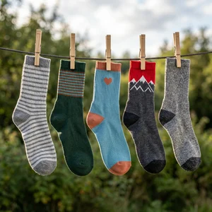 Colorful socks on clothesline