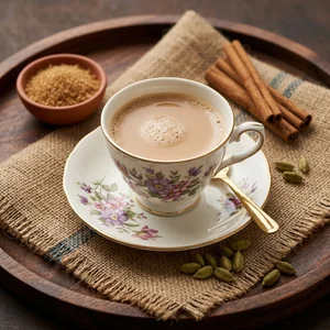 Cozy spiced chai on rustic wood