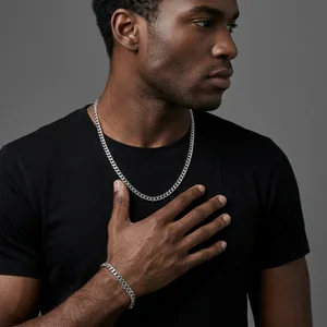 Men's silver chain set on model