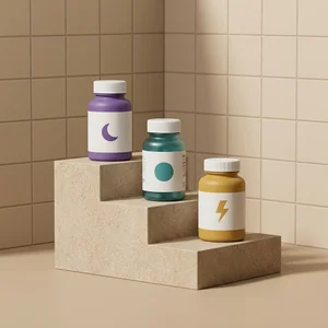 Minimalist supplement bottles on steps