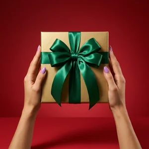 Festive gift with green ribbon