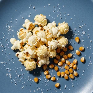 Salted popcorn on blue plate