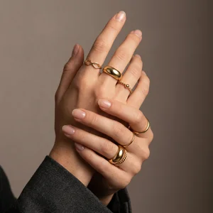 Stacked gold rings on clasped hands