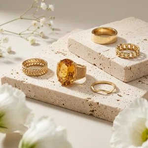Gold rings on travertine stone