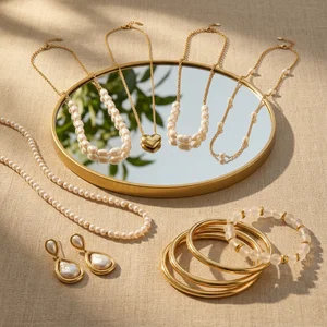 Layered pearl and gold jewelry
