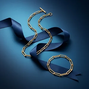 Gold jewelry on blue ribbon