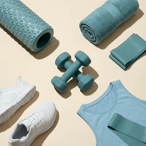 Teal fitness essentials flat-lay