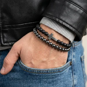 Men's beaded bracelets on wrist