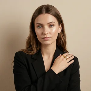 Geometric gold ring on model portrait