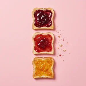 Colorful jam toast trio
