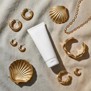 Skincare & gold accessories flat lay