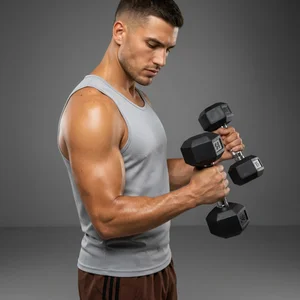 Man lifting dumbbells in studio