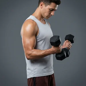 Man lifting dumbbells in a grey studio