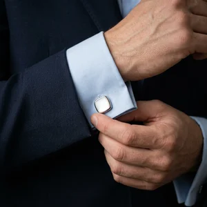 Elegant cufflink on navy suit and shirt
