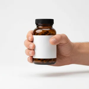 Hand holding amber supplement bottle