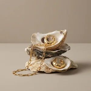 Gold jewelry on stacked oyster shells