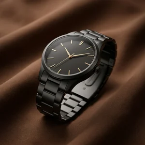 Matte black watch on brown fabric