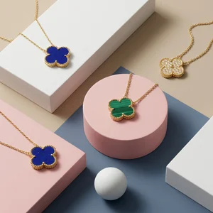 Elegant clover necklaces on geometric stands
