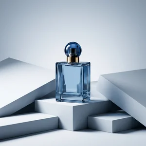 Modern blue perfume on geometric blocks