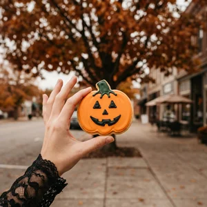 Autumn town street with pumpkin cookie