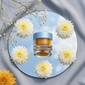 Floral skincare on mirror reflection