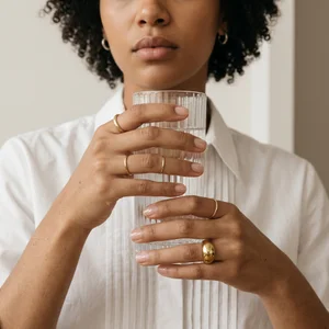Modern gold rings and glassware