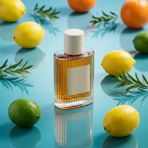 Citrus perfume on reflective teal