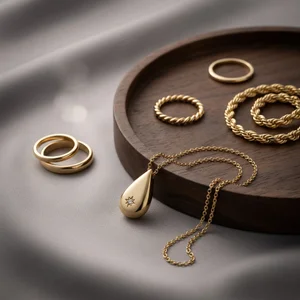 Elegant gold jewelry on wood and silk