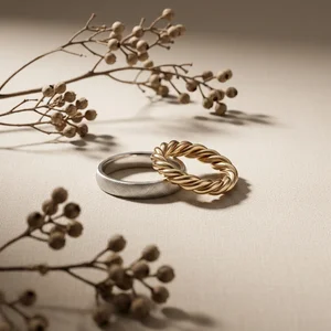 Artisanal rings on textured linen