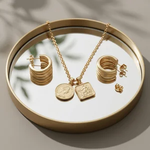 Gold jewelry on mirror tray