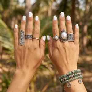 Bohemian silver jewelry on hands