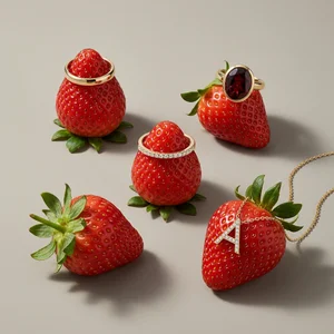 Gold jewelry on fresh strawberries