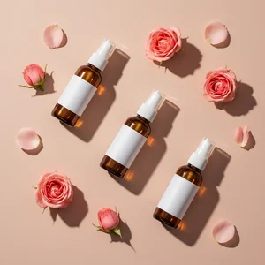 Rose-infused beauty oils flat lay