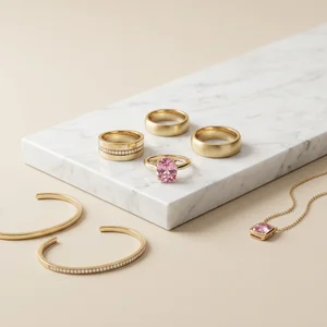 Elegant gold jewelry on marble