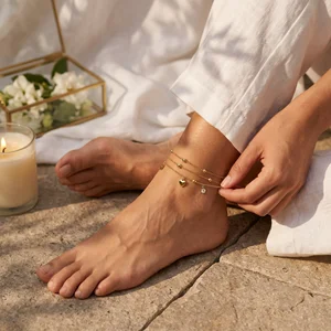 Chic gold anklets on sunlit stone