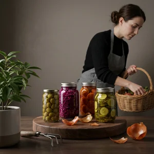 Artisan pickled vegetables on wood